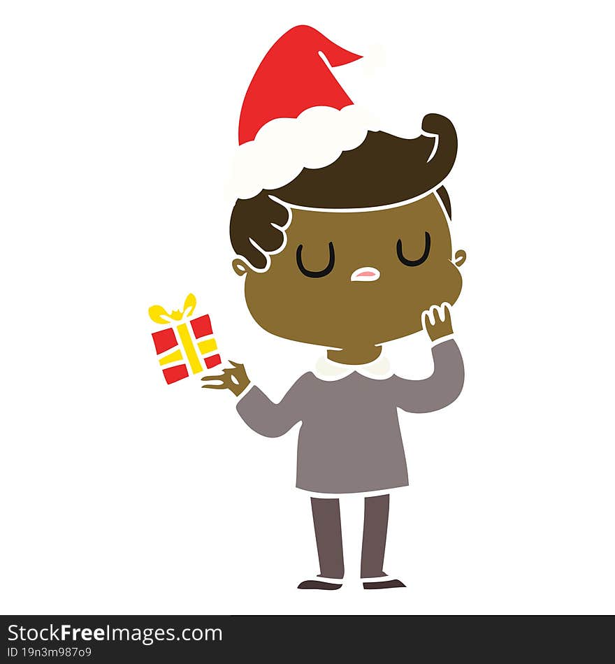 hand drawn flat color illustration of a man wondering wearing santa hat