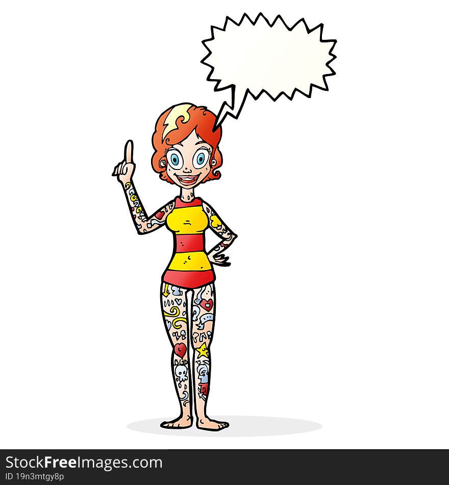 cartoon woman covered in tattoos with speech bubble