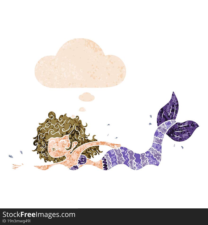 cartoon mermaid and thought bubble in retro textured style