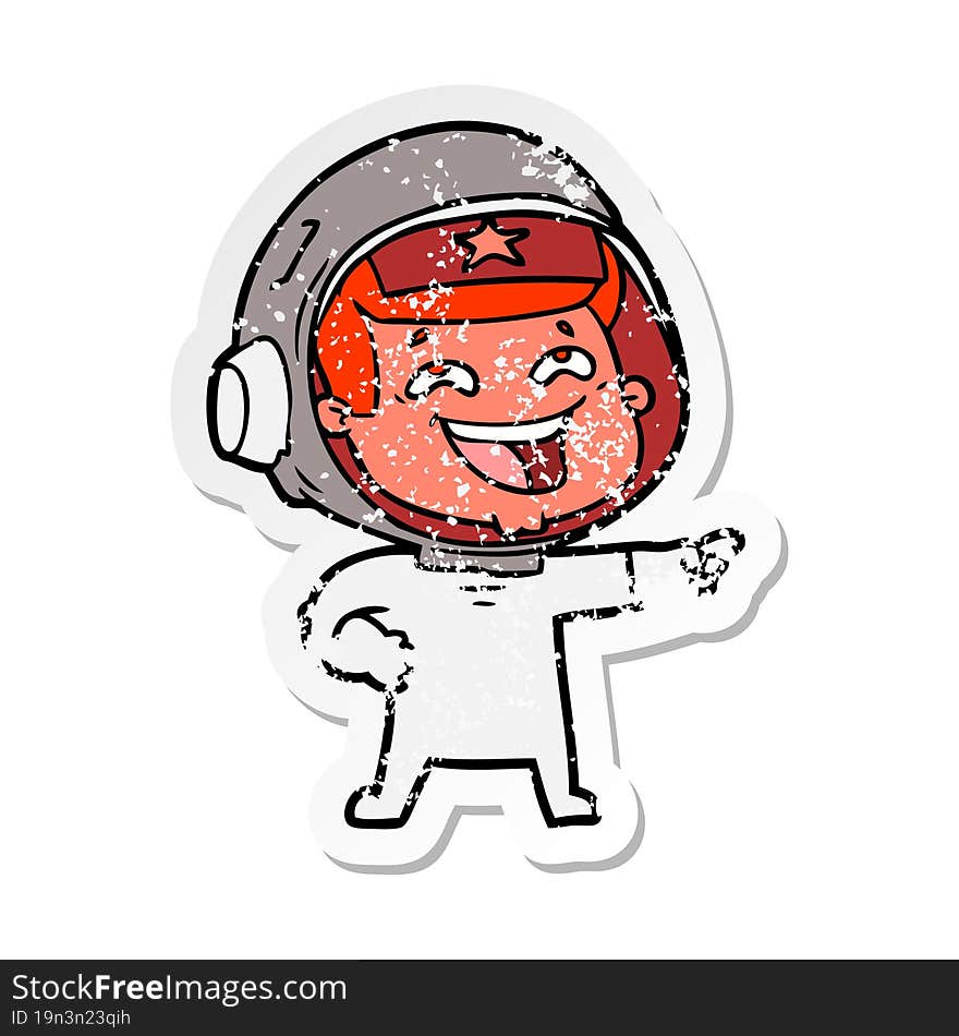 distressed sticker of a cartoon laughing astronaut