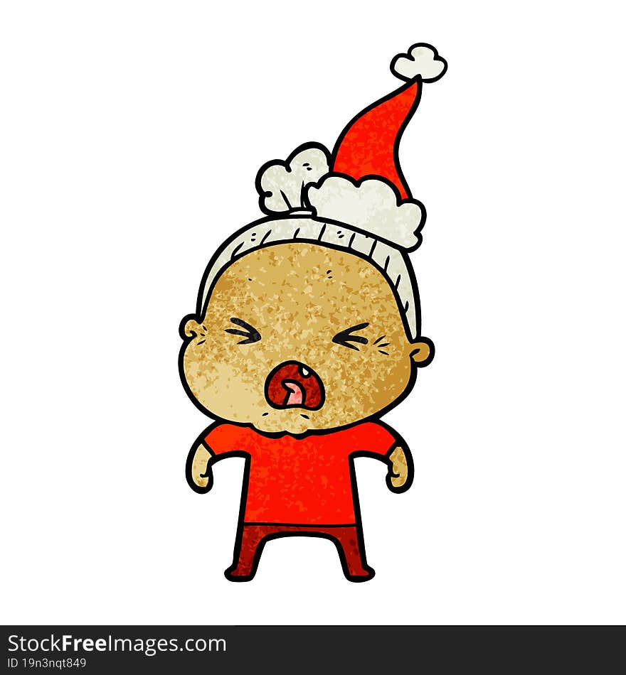 textured cartoon of a angry old woman wearing santa hat