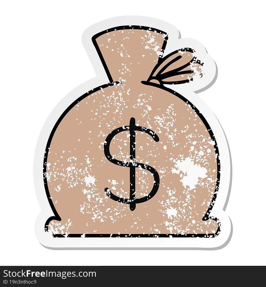 distressed sticker of a cute cartoon bag of money