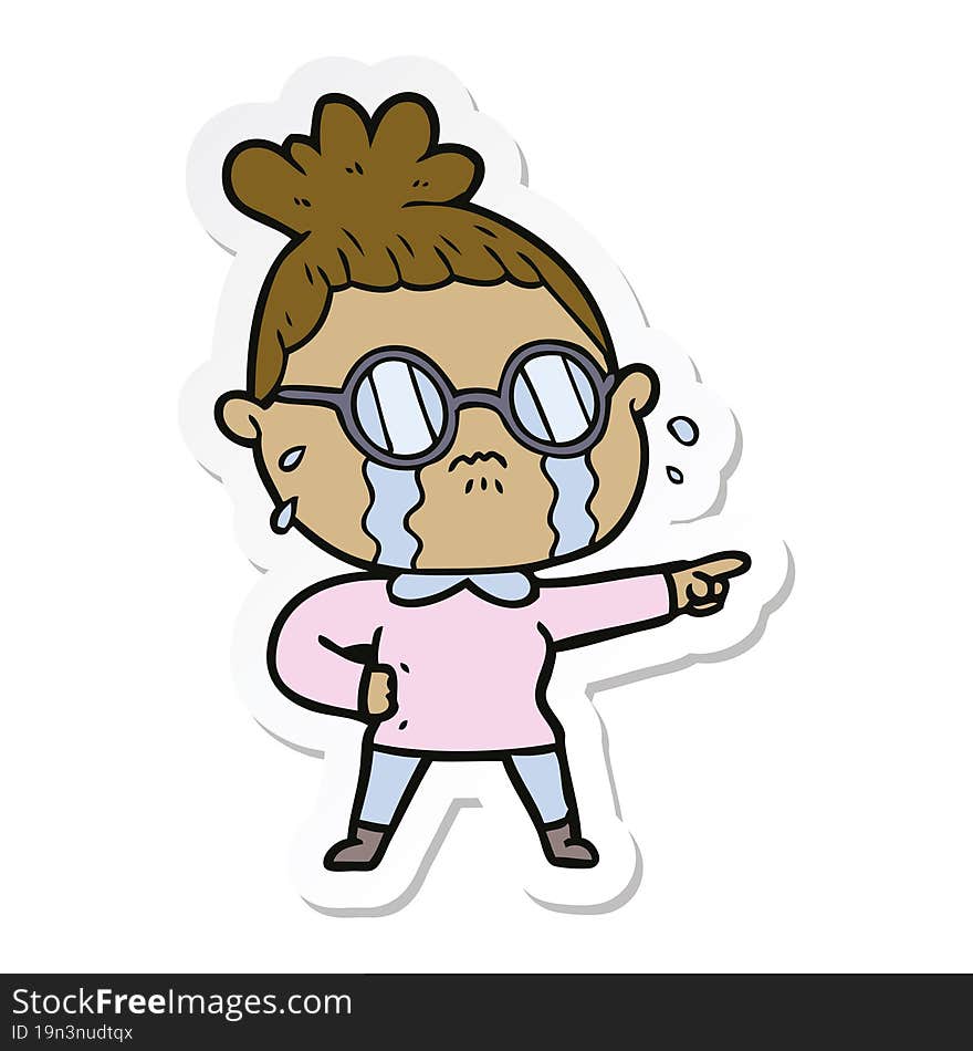 sticker of a cartoon crying woman wearing spectacles