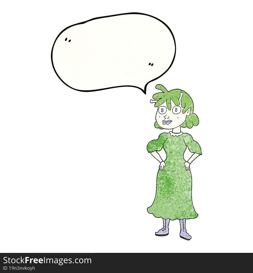 freehand speech bubble textured cartoon alien woman