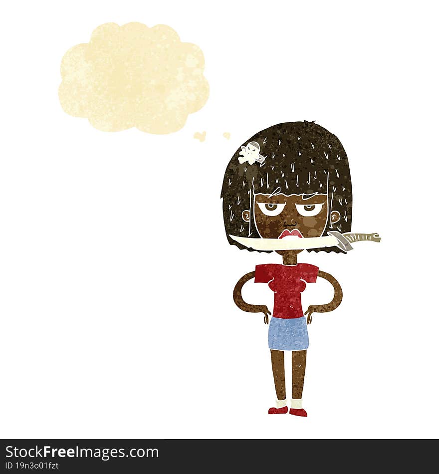 cartoon woman with knife between teeth with thought bubble