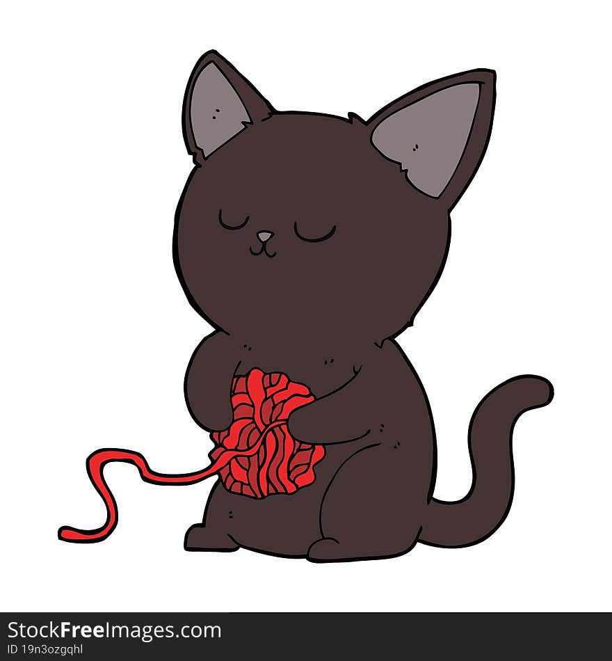 Cartoon Cute Black Cat Playing With Ball Of Yarn