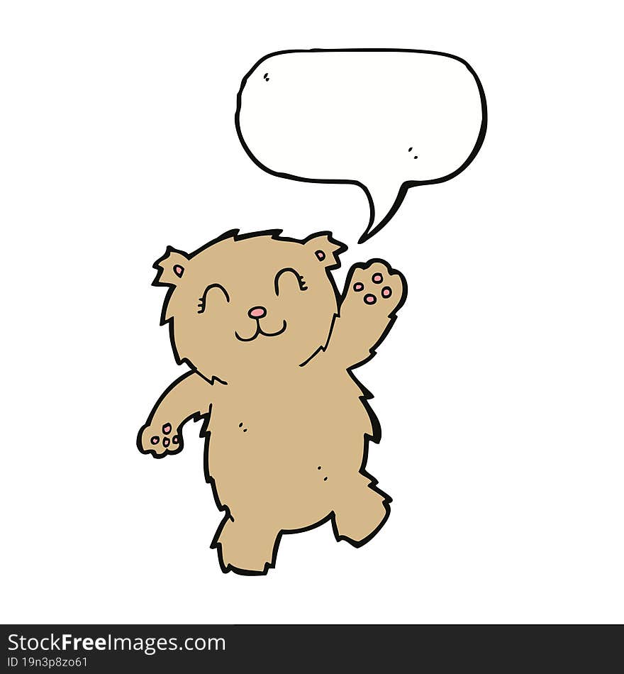 cartoon waving teddy bear with speech bubble