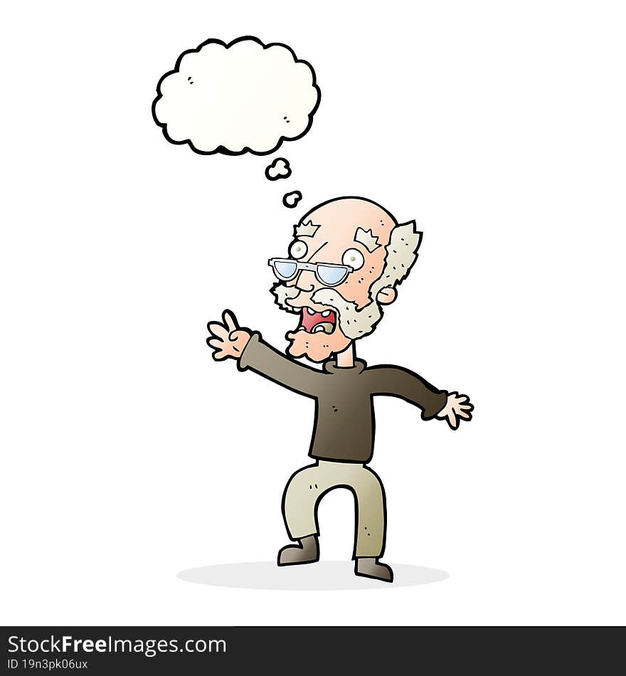 cartoon frightened old man with thought bubble