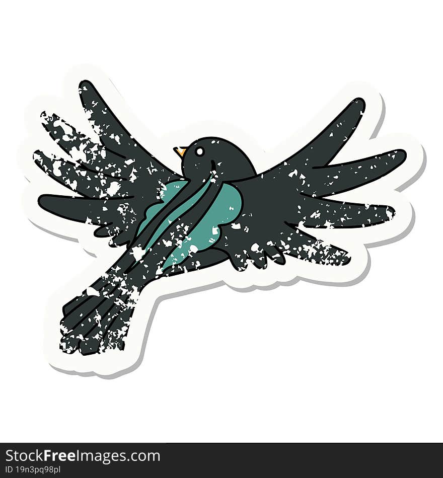 traditional distressed sticker tattoo of a flying bird