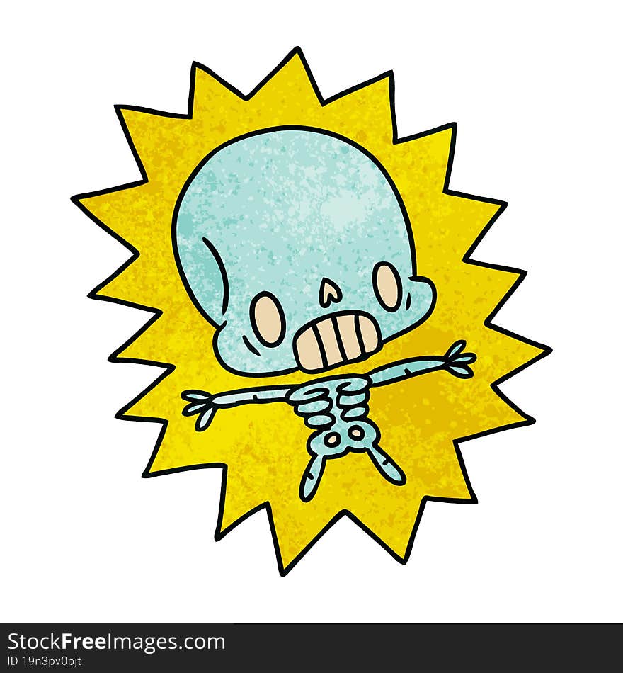 textured cartoon illustration kawaii electrocuted skeleton. textured cartoon illustration kawaii electrocuted skeleton