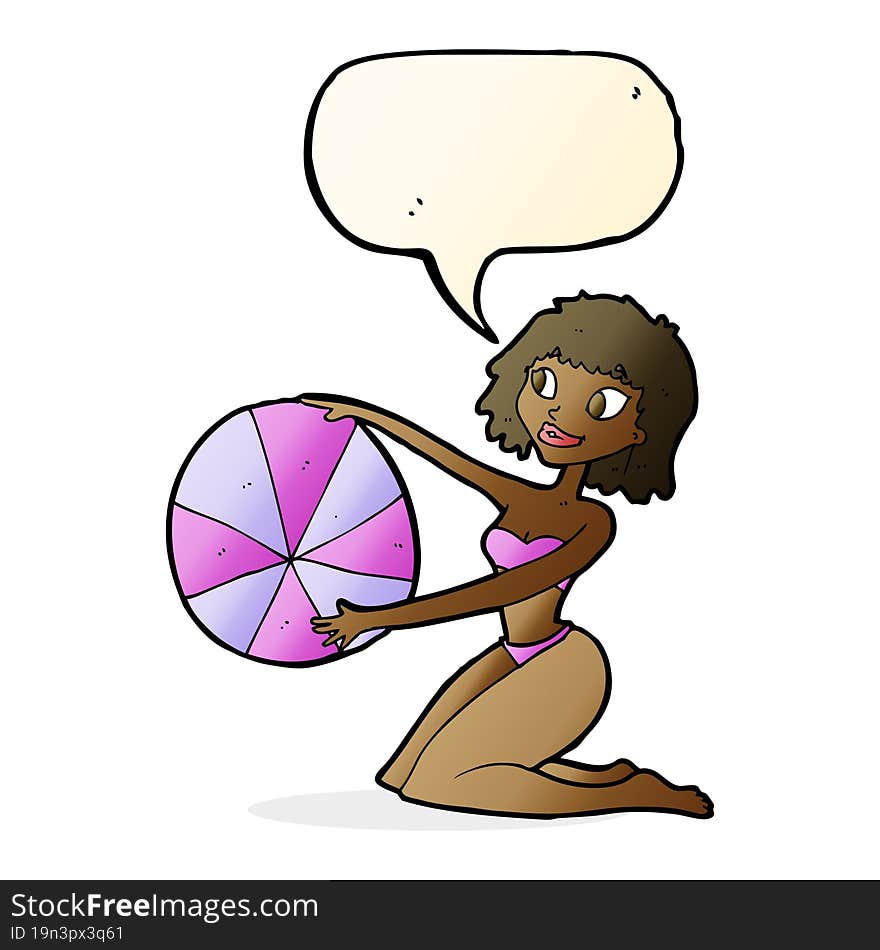 cartoon bikini girl with beach ball with speech bubble