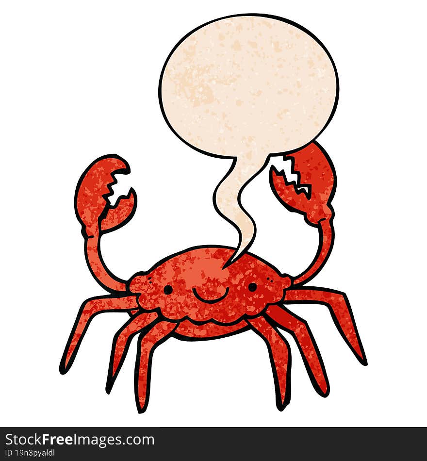 cartoon crab and speech bubble in retro texture style