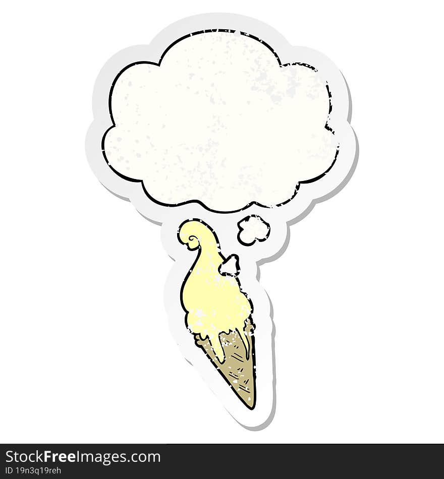 cartoon ice cream and thought bubble as a distressed worn sticker