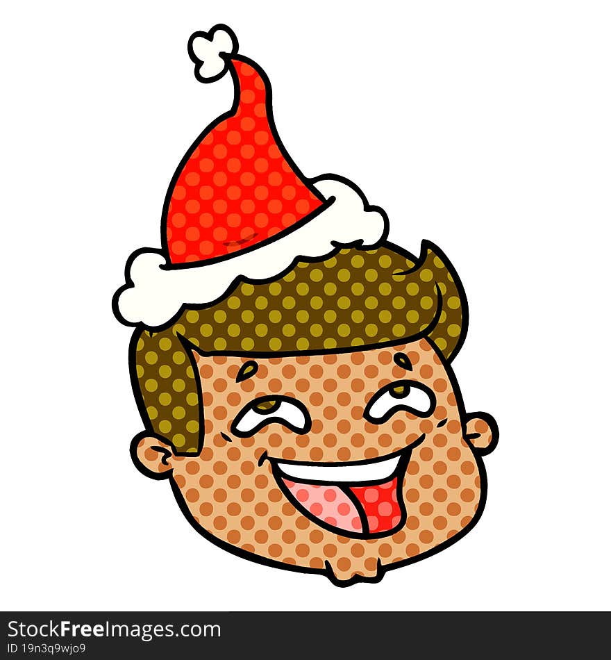 happy comic book style illustration of a male face wearing santa hat