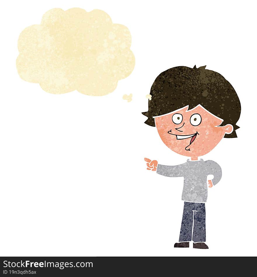 cartoon boy laughing and pointing with thought bubble