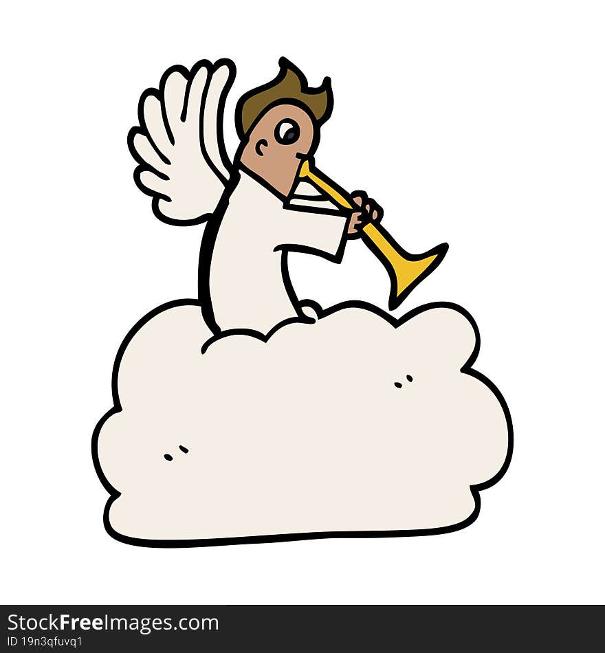 cartoon doodle angel on cloud with trumpet