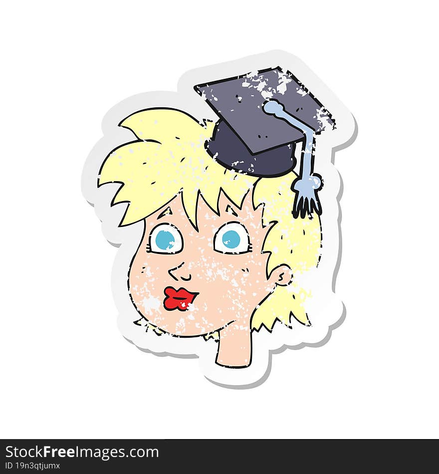 Retro Distressed Sticker Of A Cartoon Graduate Woman