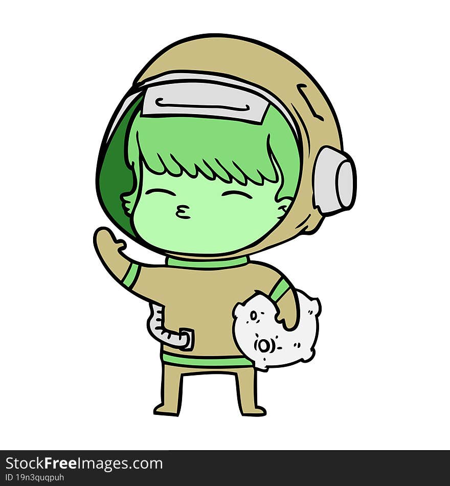 cartoon curious astronaut carrying space rock. cartoon curious astronaut carrying space rock