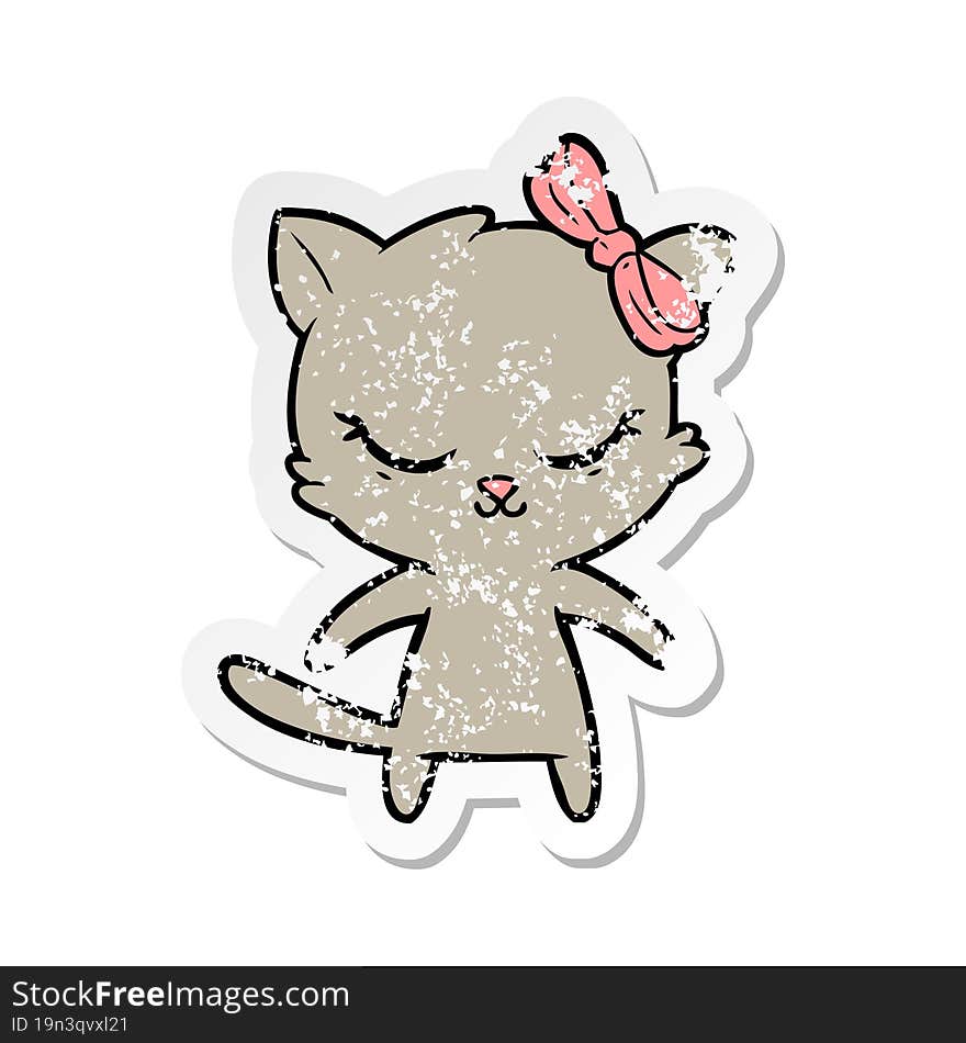 distressed sticker of a cute cartoon cat with bow