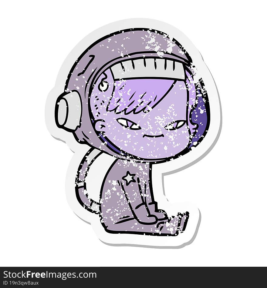 distressed sticker of a cartoon astronaut woman