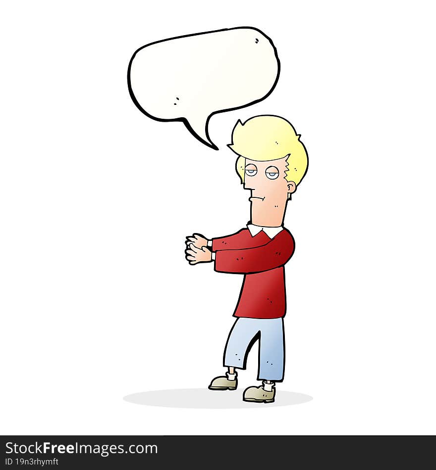 cartoon bored man showing the way with speech bubble