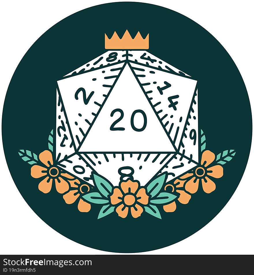 natural 20 D20 dice roll with floral elements icon