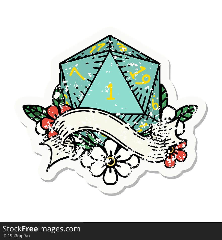 grunge sticker of a natural one d20 dice roll. grunge sticker of a natural one d20 dice roll