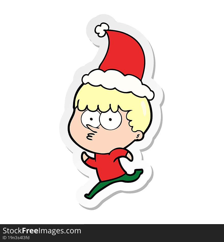 hand drawn sticker cartoon of a curious boy running wearing santa hat