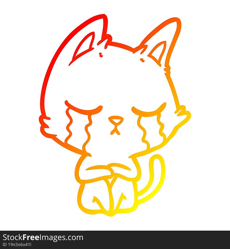 Warm Gradient Line Drawing Crying Cartoon Cat Sitting