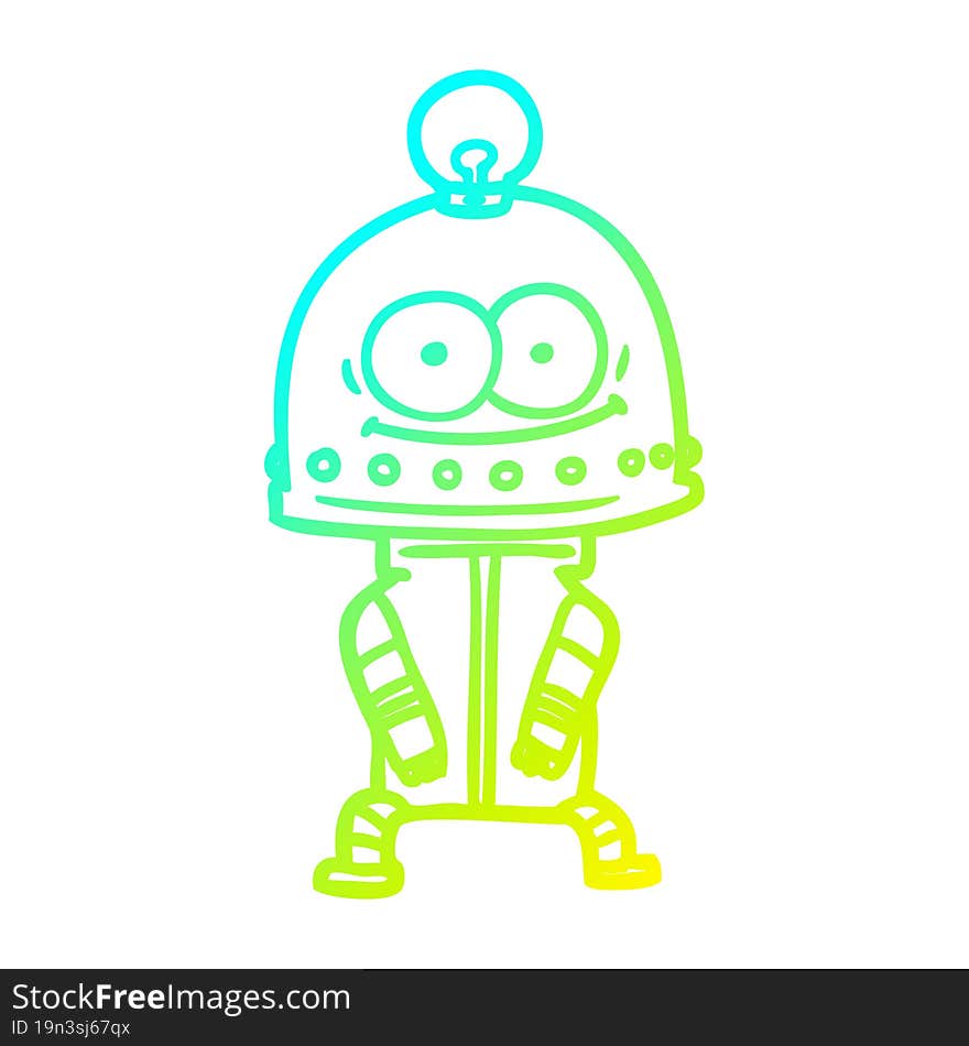 cold gradient line drawing of a happy carton robot with light bulb