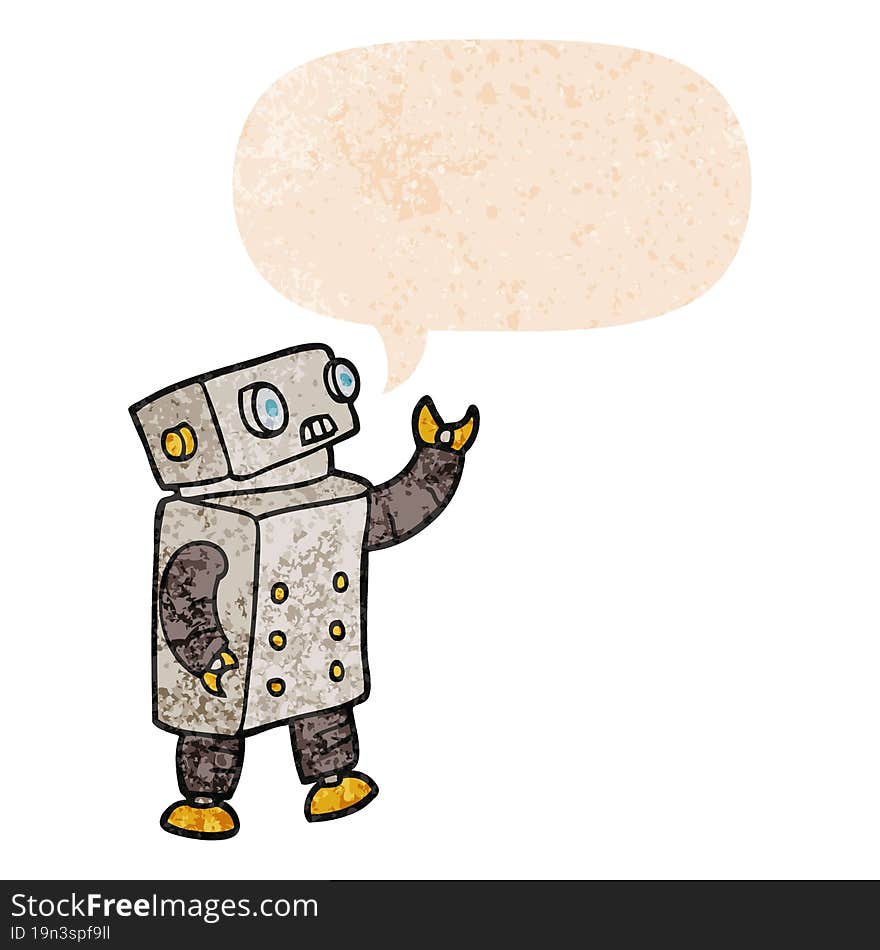 cartoon robot and speech bubble in retro textured style