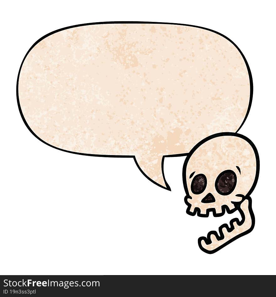 laughing skull cartoon and speech bubble in retro texture style