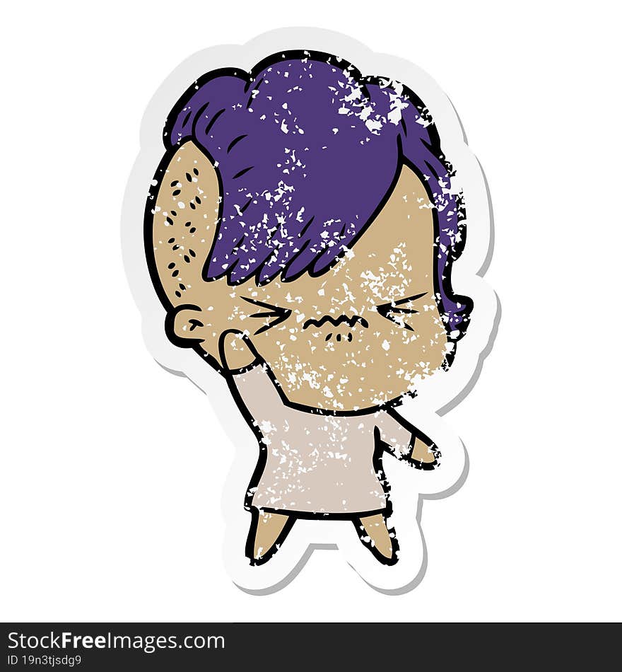 distressed sticker of a cartoon annoyed hipster girl