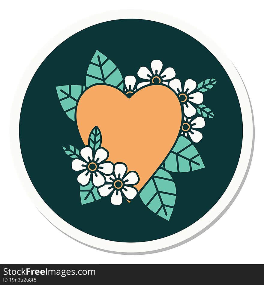 sticker of tattoo in traditional style of a botanical heart. sticker of tattoo in traditional style of a botanical heart