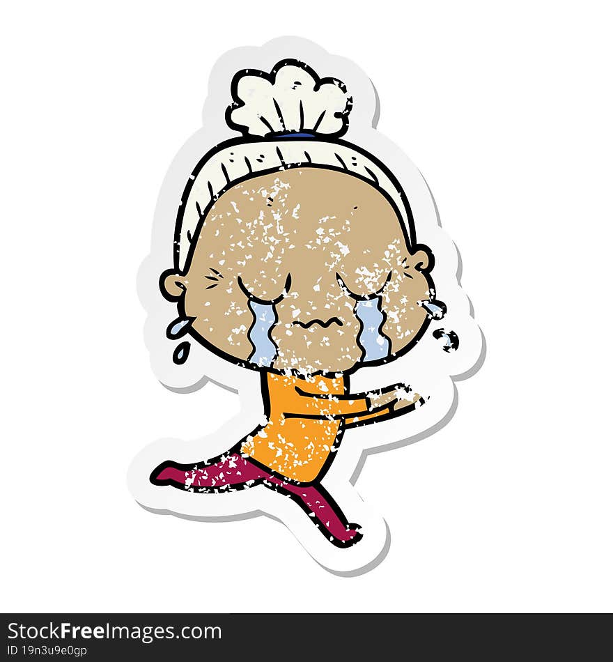 distressed sticker of a cartoon crying old lady