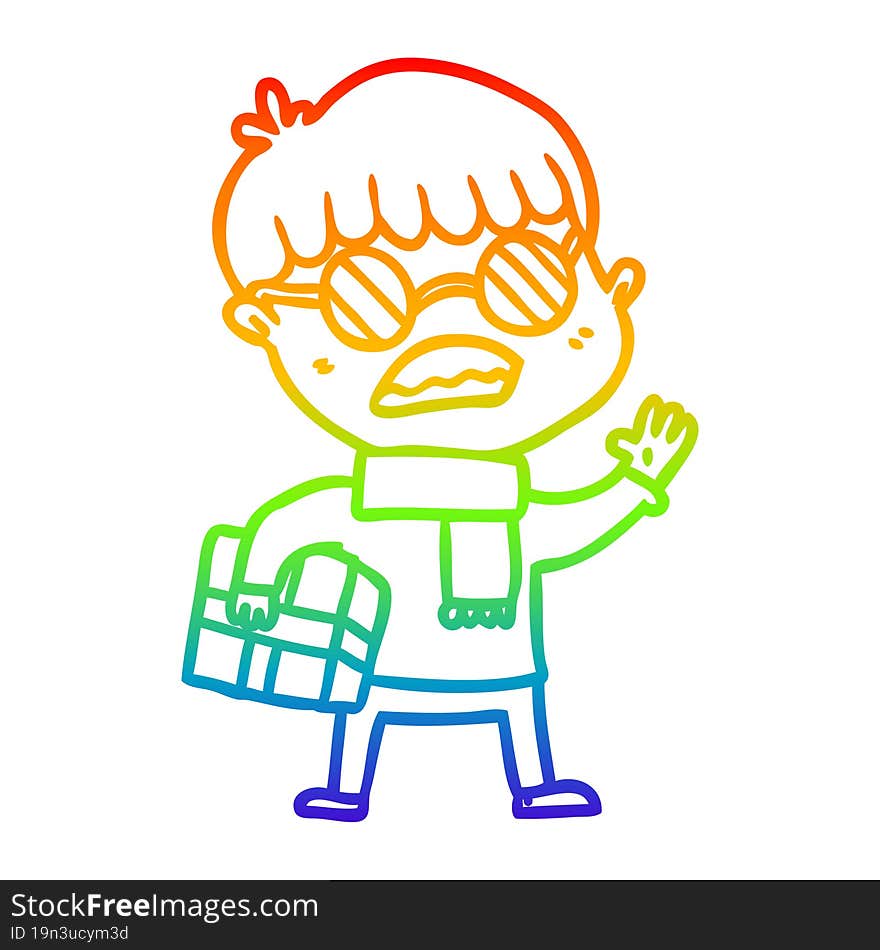 Rainbow Gradient Line Drawing Cartoon Boy Holding Gift And Wearing Spectacles