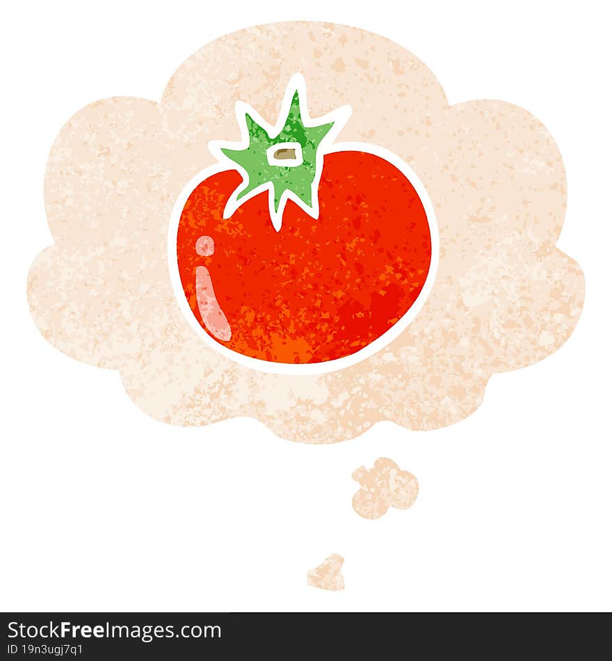 cartoon tomato and thought bubble in retro textured style