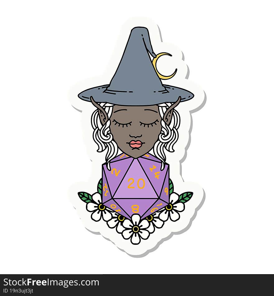 elf mage character with natural twenty dice roll sticker