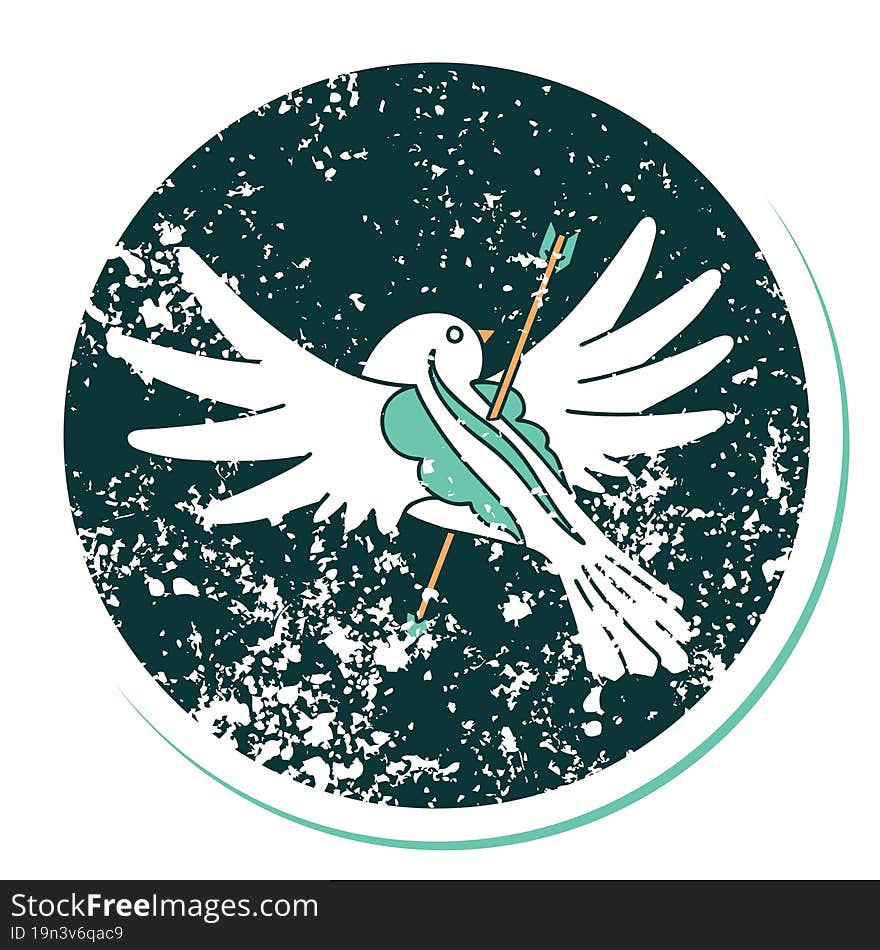 distressed sticker tattoo style icon of a dove pierced with arrow