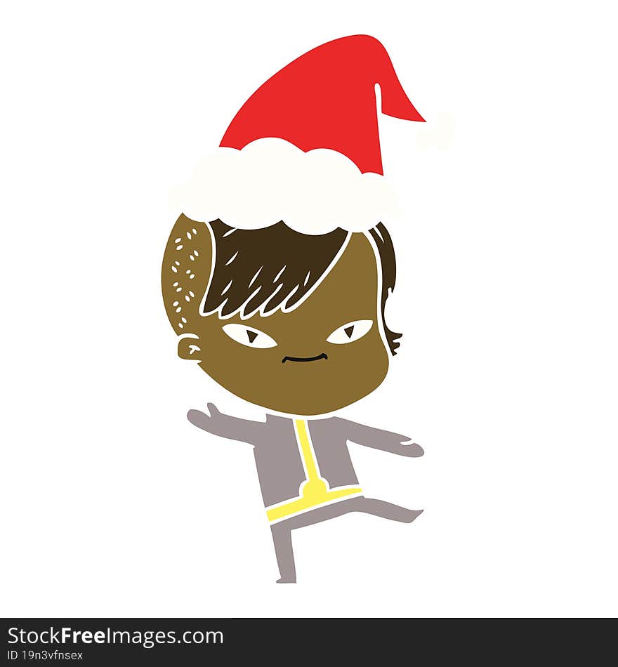 cute hand drawn flat color illustration of a girl with hipster haircut wearing santa hat