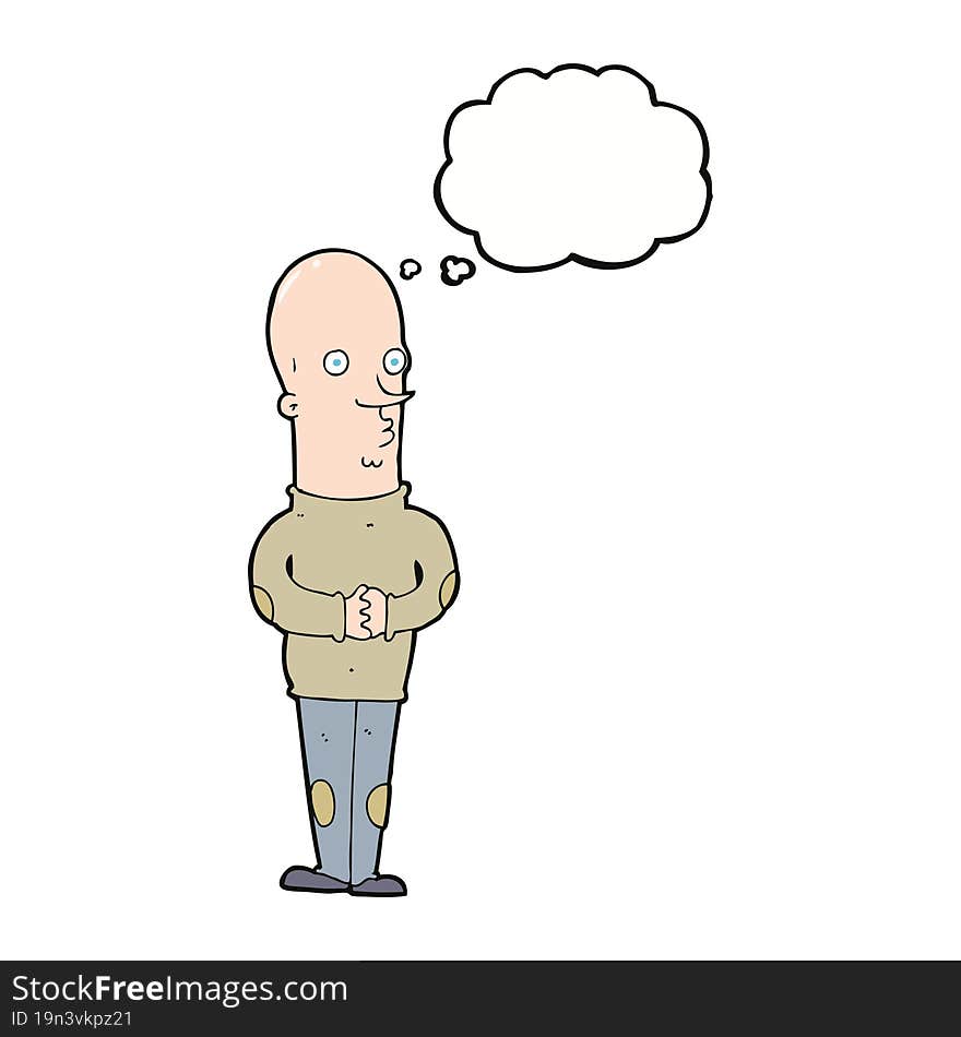 cartoon funny bald man with thought bubble