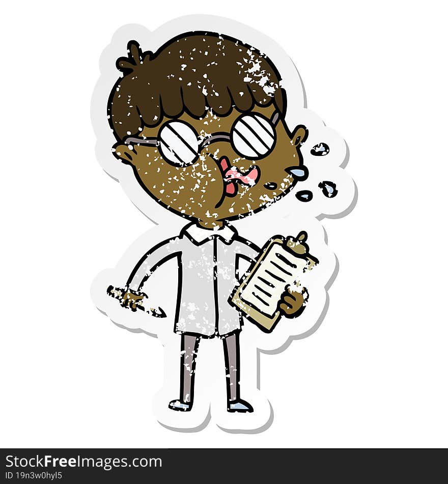 distressed sticker of a cartoon boy wearing spectacles with clip board