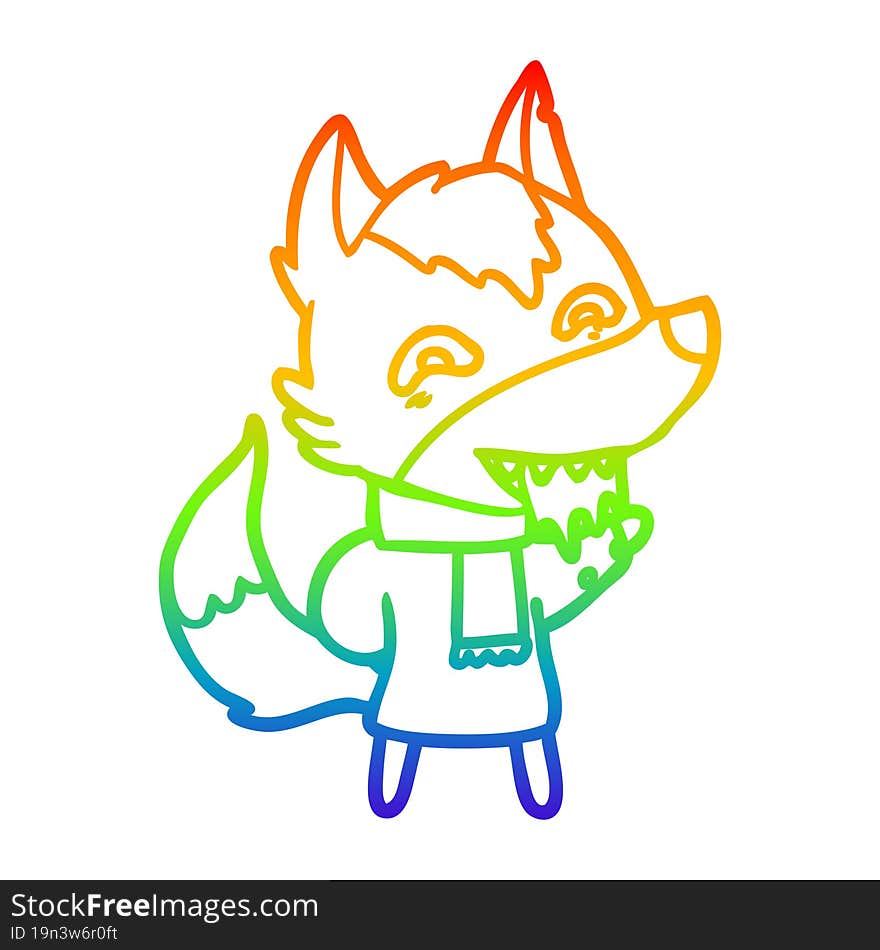 rainbow gradient line drawing of a cartoon hungry wolf in winter clothes