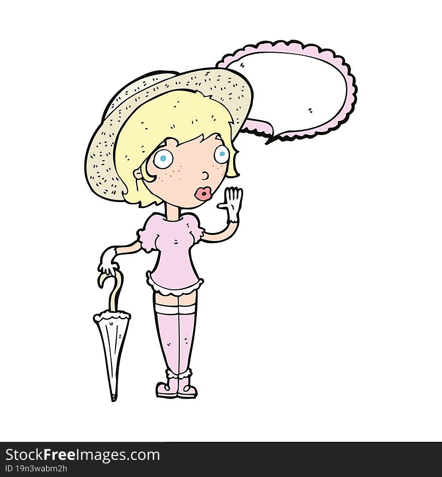 Cartoon Woman In Summer Hat Waving With Speech Bubble