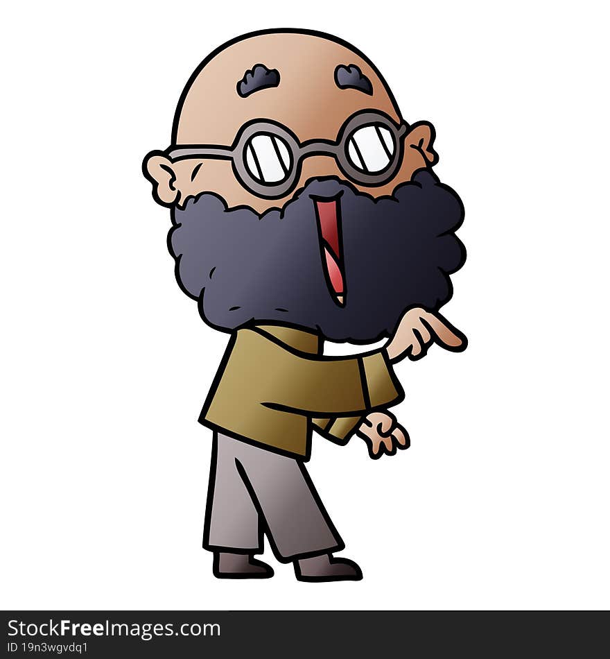 cartoon joyful man with beard pointing finger. cartoon joyful man with beard pointing finger