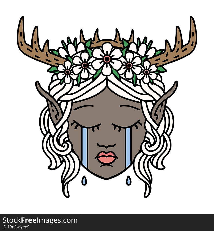 Crying Elf Druid Character Face Illustration