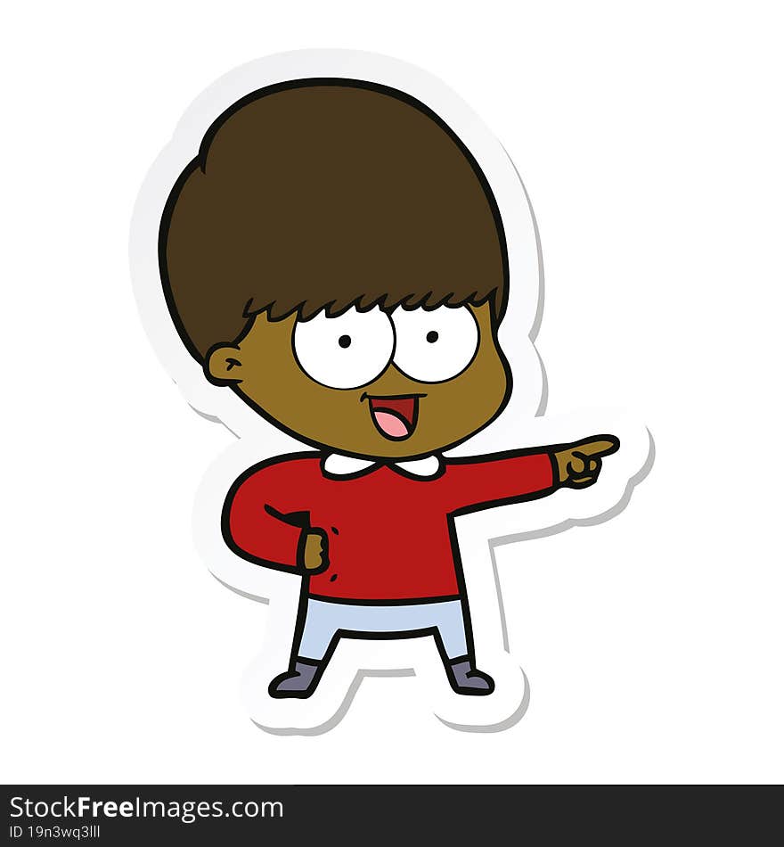 sticker of a happy cartoon boy pointing