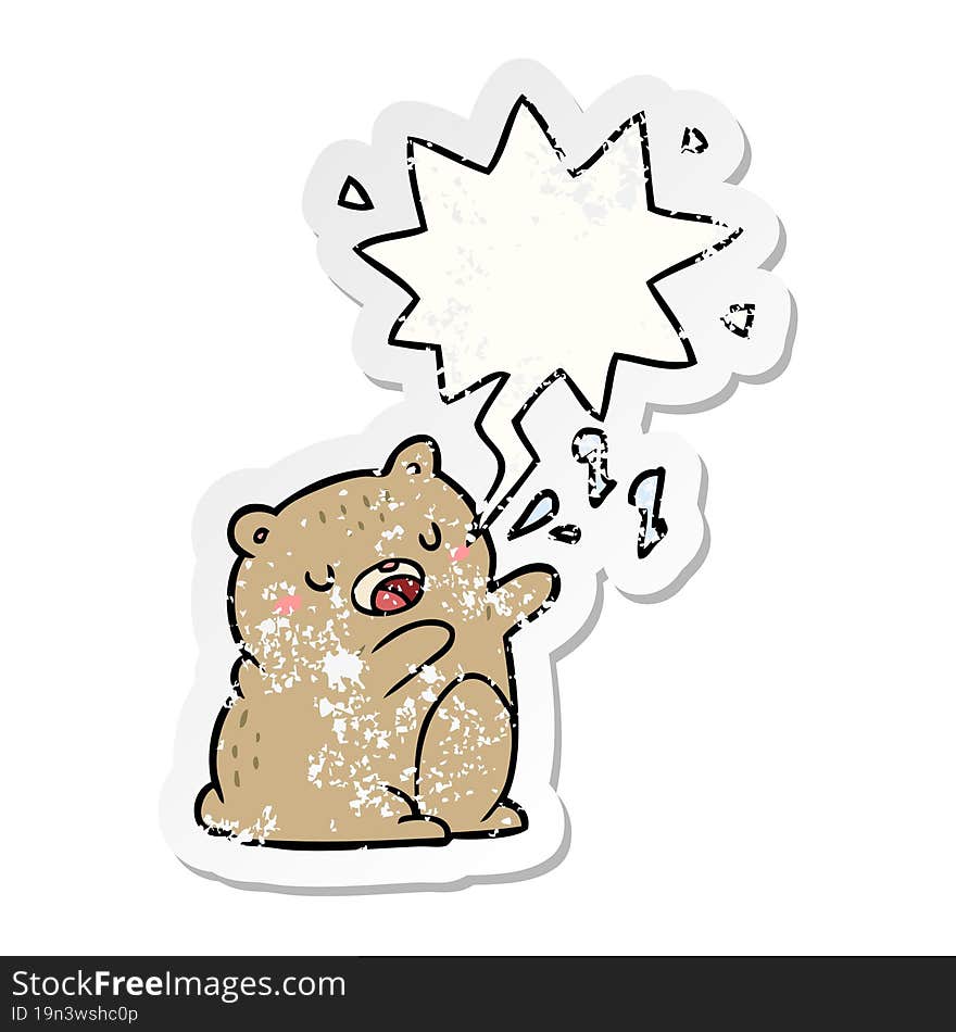 cartoon bear singing a song with speech bubble distressed distressed old sticker. cartoon bear singing a song with speech bubble distressed distressed old sticker