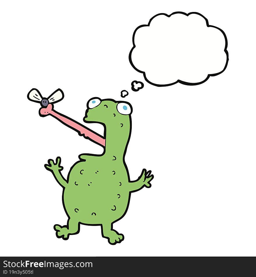 cartoon frog catching fly with thought bubble