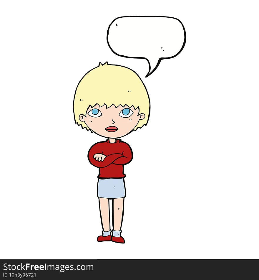 cartoon woman with crossed arms with speech bubble